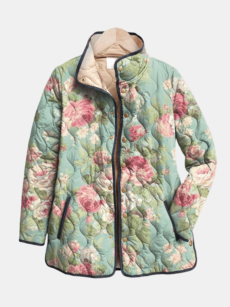 Clara | Gesteppte Jacke mit Vintage-Rosen – Salbeigrün mit Blumen