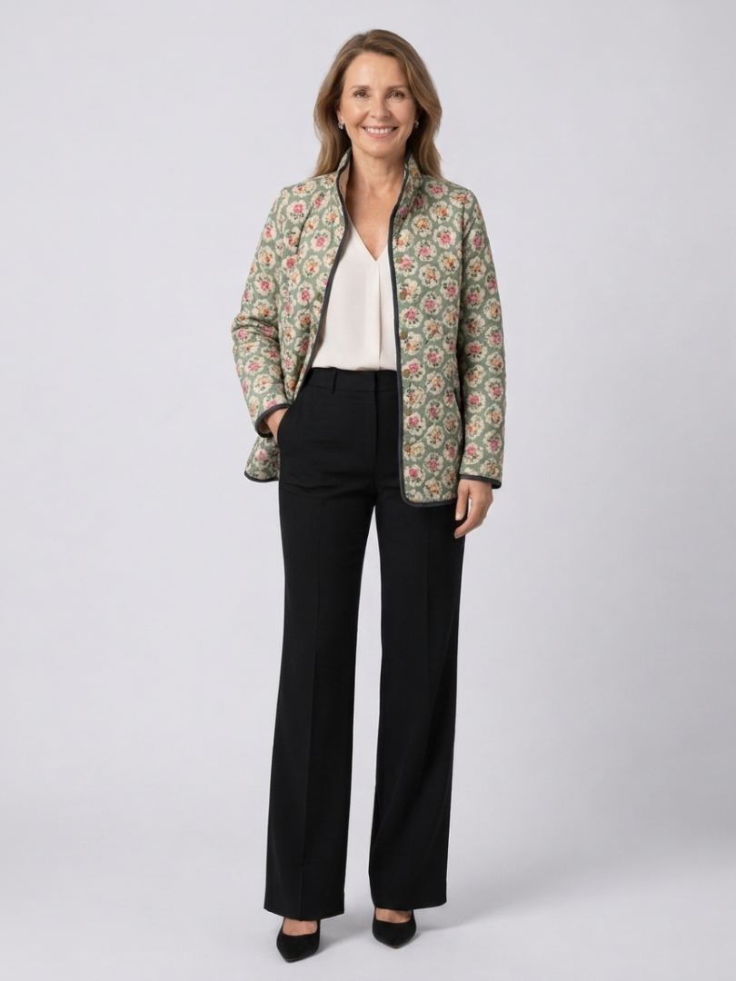 Amélie | Gesteppte Jacke mit Blumenmuster – Mandelgrün mit Blumen