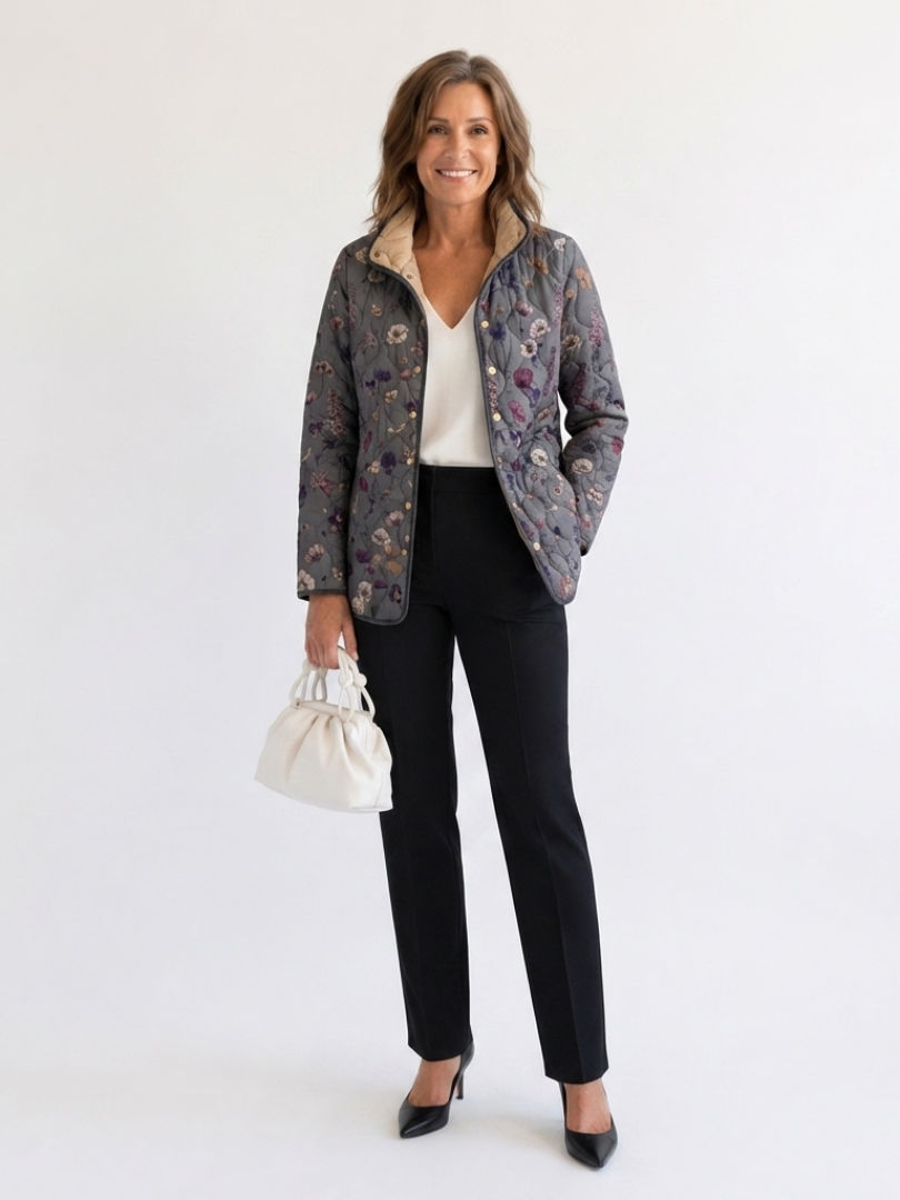Nathalie | Gesteppte Jacke mit Trockenblumen – Grau mit Trockenblumen
