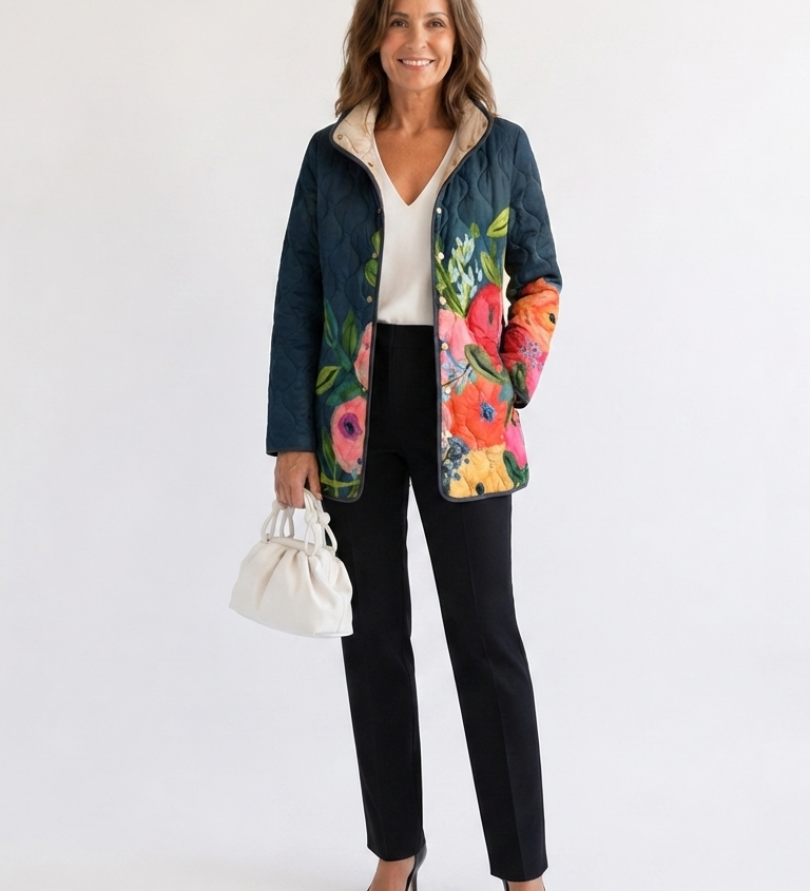 Camille | Gesteppte Jacke mit gemalten Blumen – Nachtblau mit Blumen