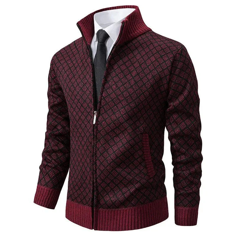 Men's zip-up knit Jacke with geometric pattern and ribbed cuffs