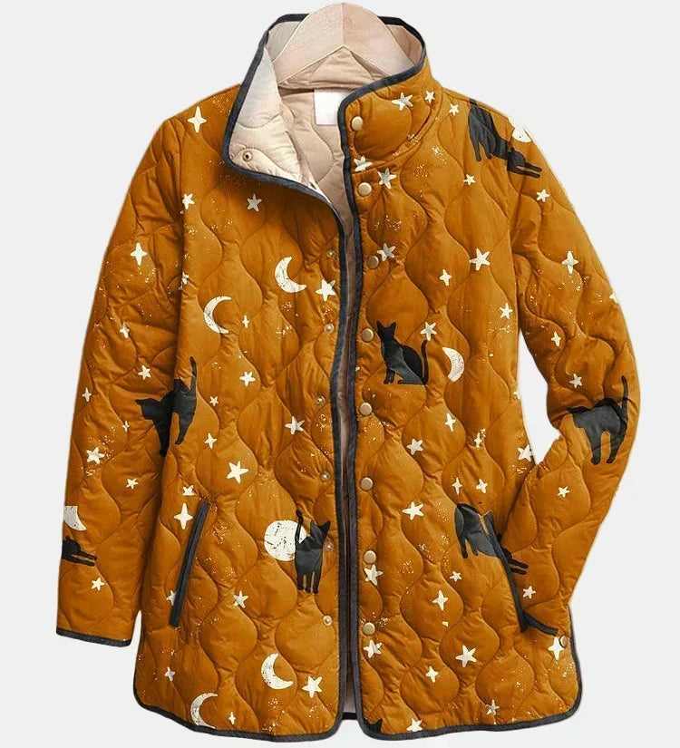Nicole | Gesteppte Jacke mit Katzen und Sternen – Ocker mit Sternen