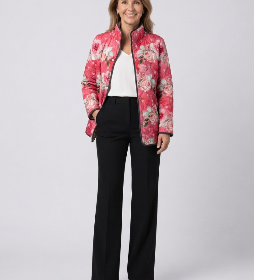 Christine | Gesteppte Jacke mit pudrigen Rosen – Himbeerrosa