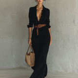 Matilda – Long Maxi Kleid with Lapel Collar and Belt