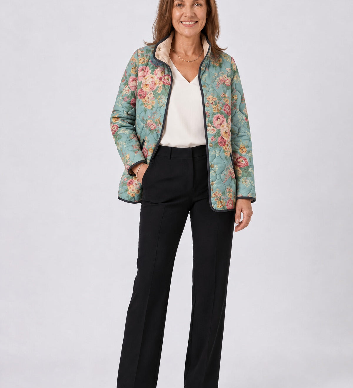 Gesteppte Jacke mit Aqua-Rosen – Mehrfarbig