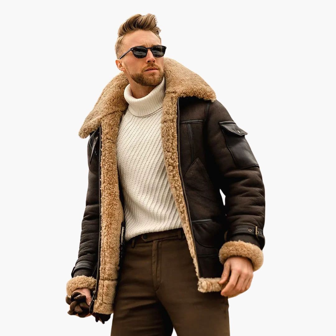 Men's Aviator Jacke with Synthetic Sheepskin Collar