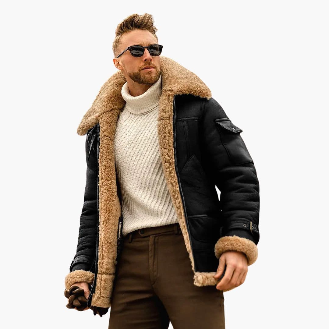Men's Aviator Jacke with Synthetic Sheepskin Collar