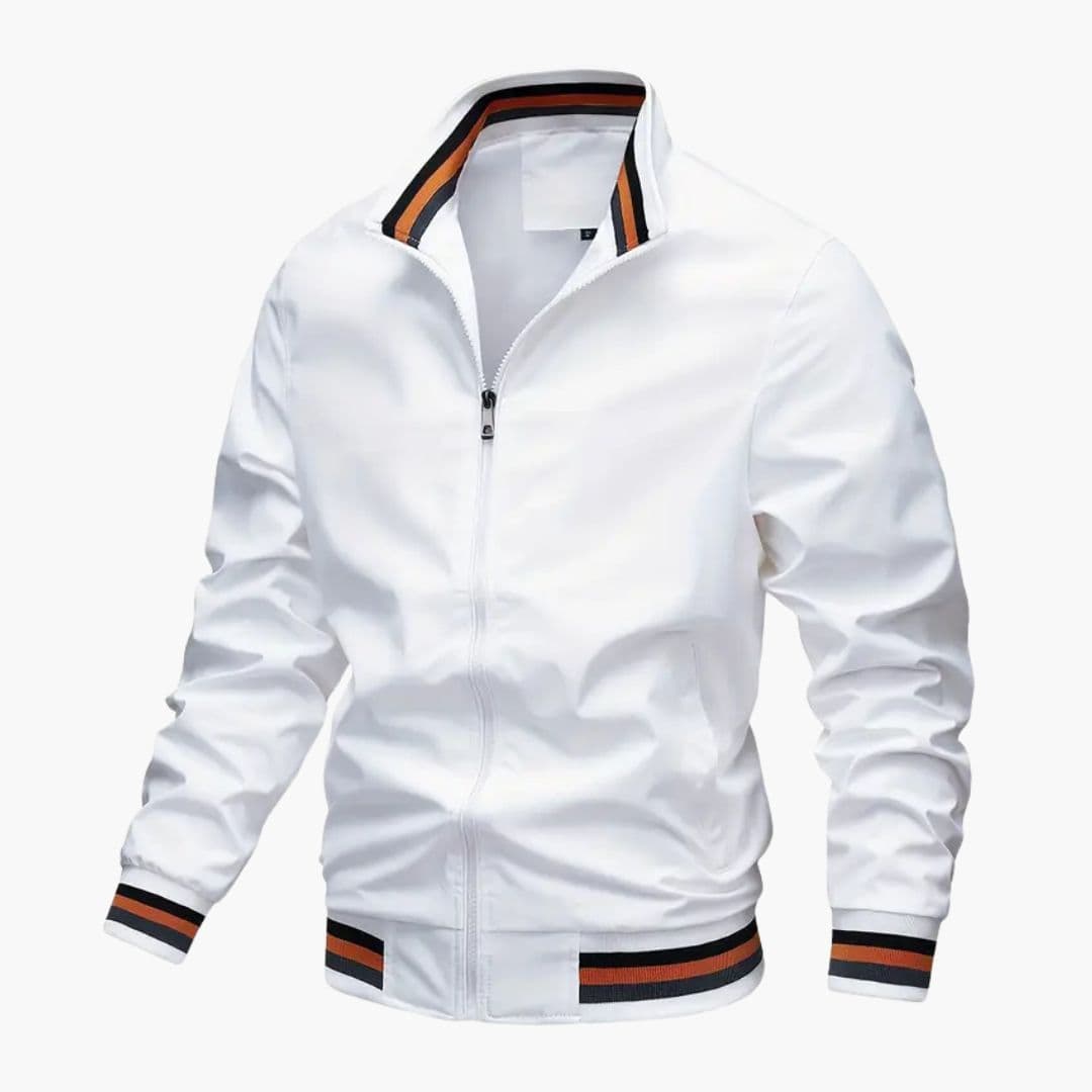 Men's Bomber Jacke with Striped Collar and Ribbed Hem