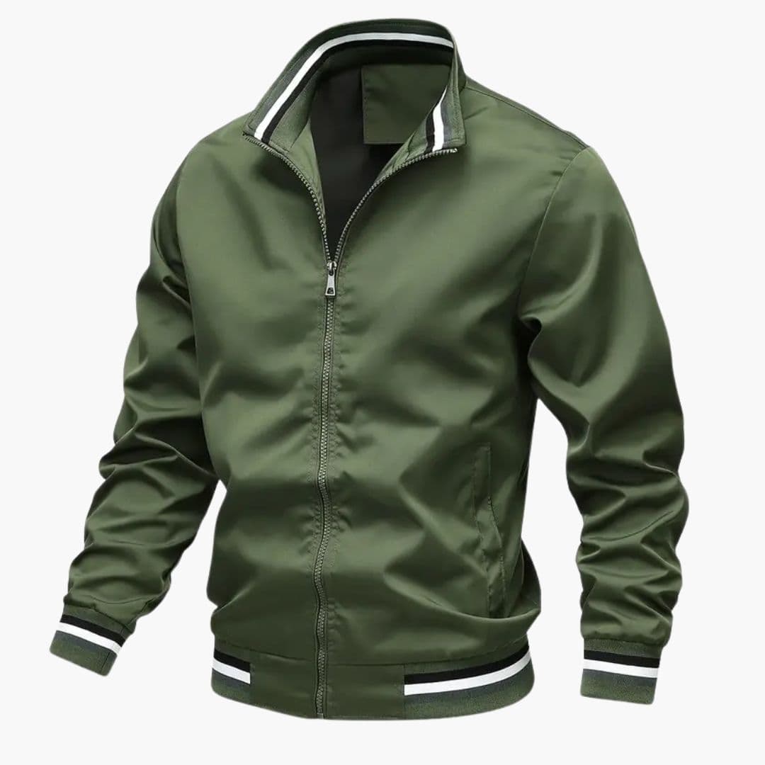 Men's Bomber Jacke with Striped Collar and Ribbed Hem