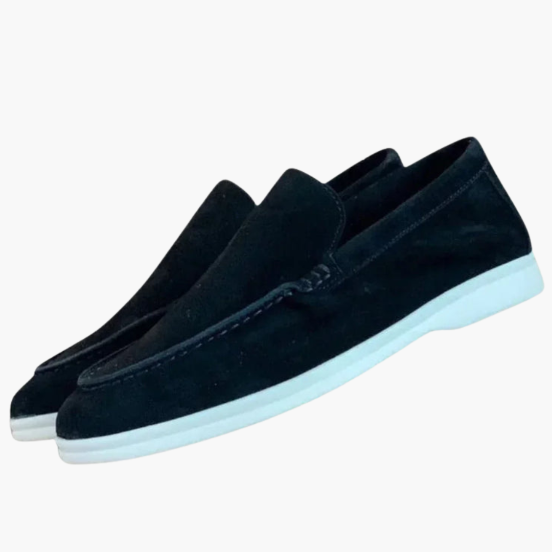 Slip-on men's moccasins with suede upper and white sole