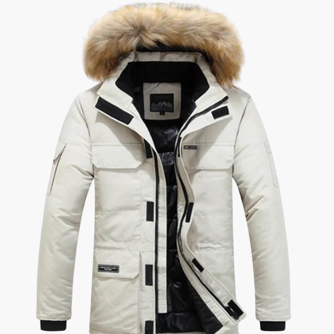 Men's parka with hood and zipper closure