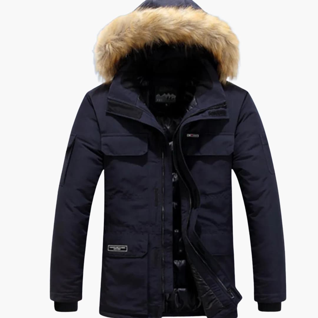 Men's parka with hood and zipper closure