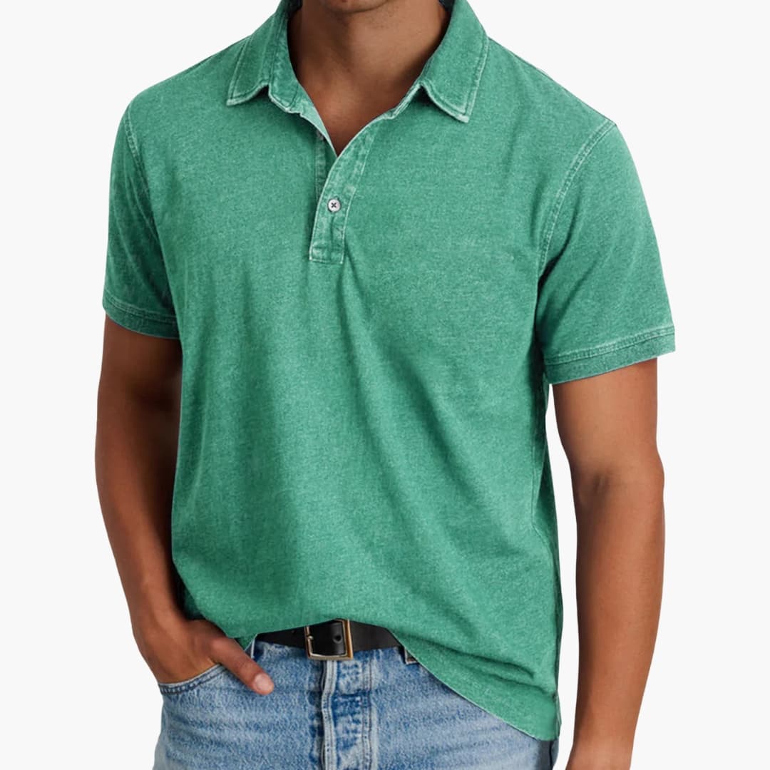 Men's short-sleeve polo with V-neck and discreet buttons