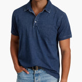 Men's short-sleeve polo with V-neck and discreet buttons