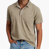 Men's short-sleeve polo with V-neck and discreet buttons