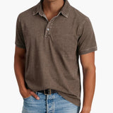Men's short-sleeve polo with V-neck and discreet buttons