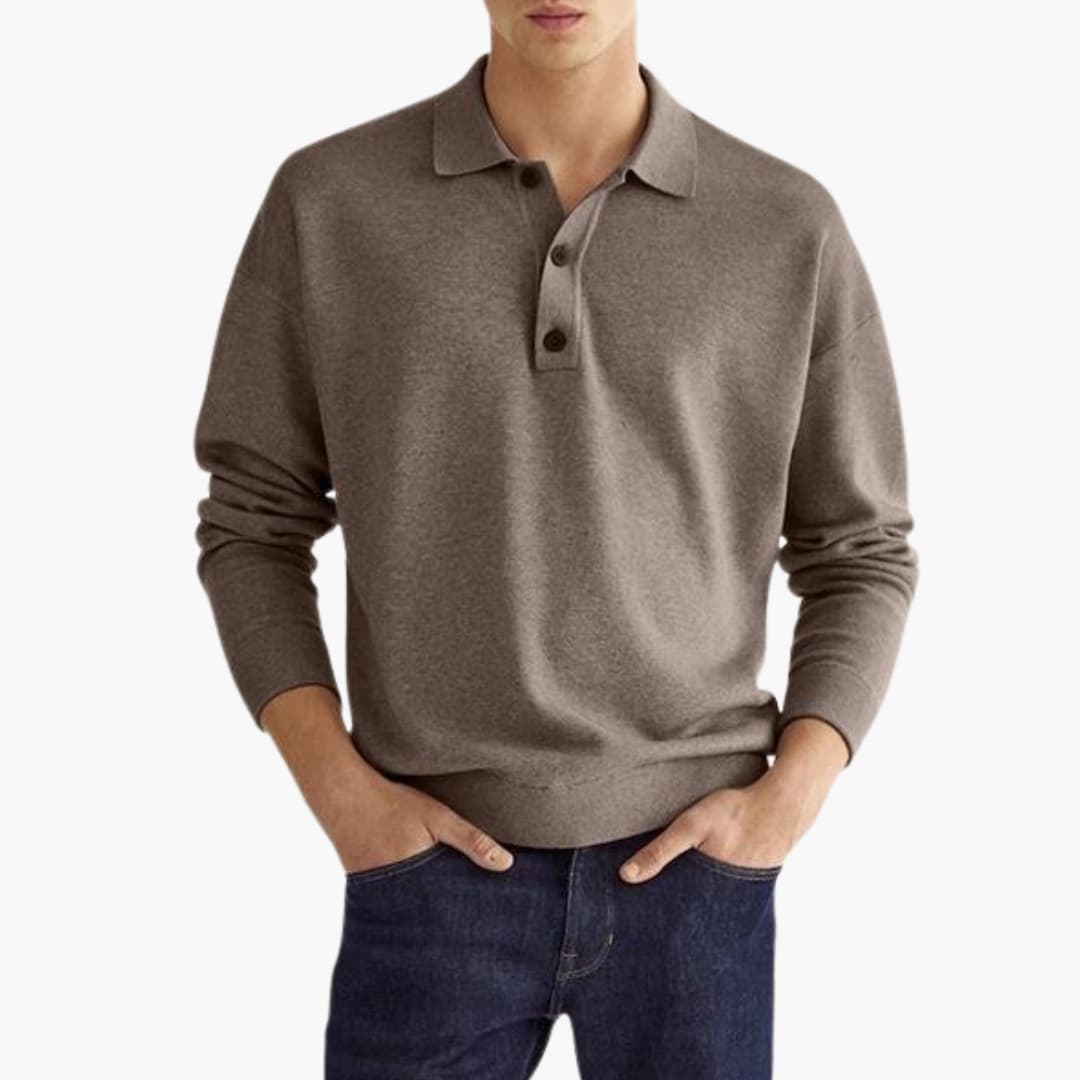 Men's long-sleeve polo with three-button collar