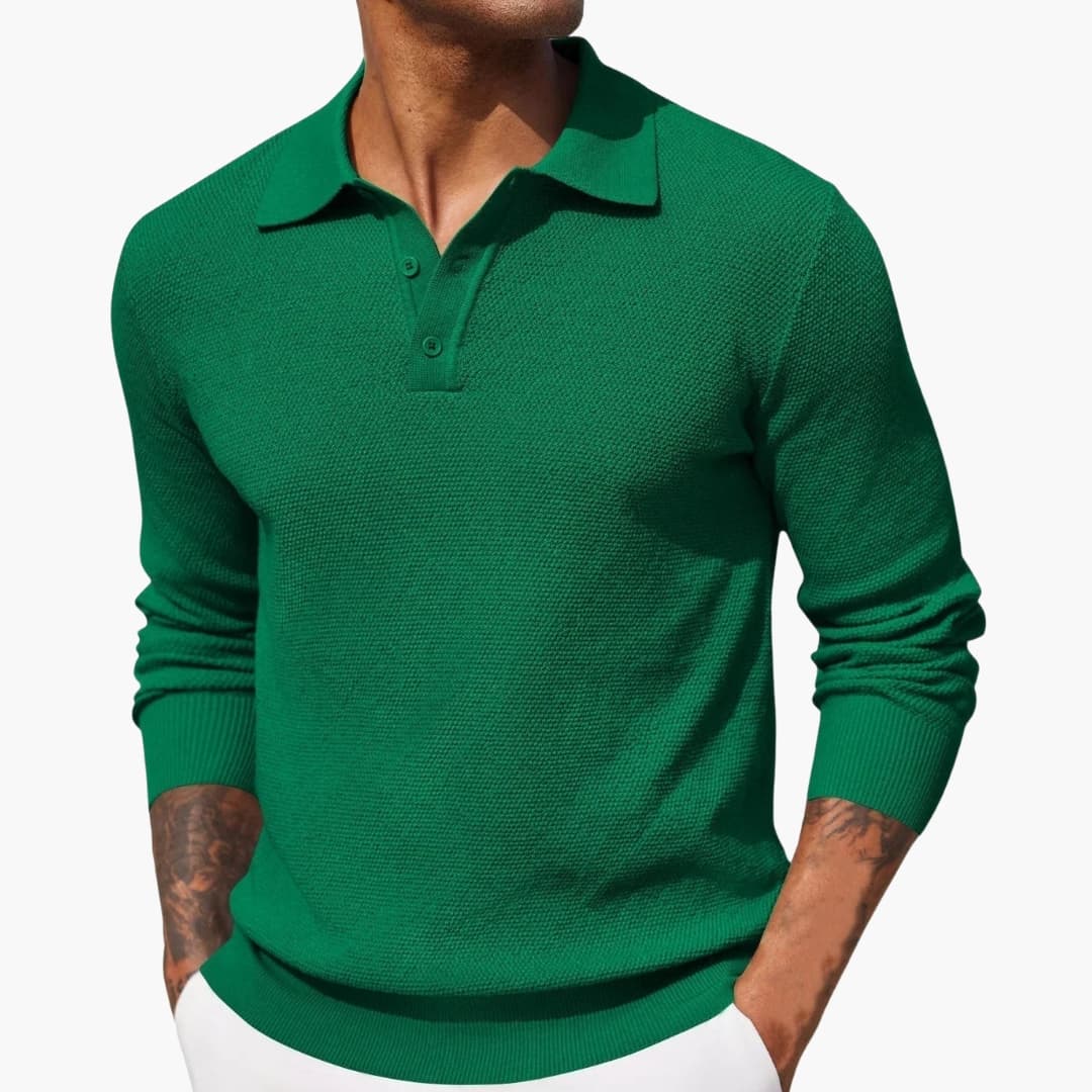 Men's long-sleeve polo with buttoned collar and straight hem