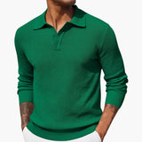 Men's long-sleeve polo with buttoned collar and straight hem