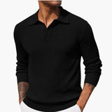 Men's long-sleeve polo with buttoned collar and straight hem
