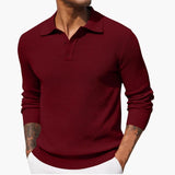 Men's long-sleeve polo with buttoned collar and straight hem