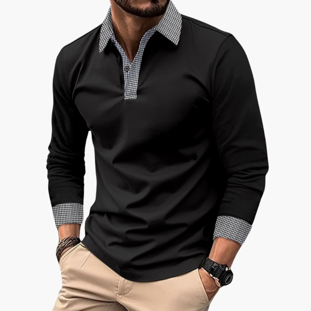 Men's long-sleeve polo with contrasting collar and cuffs