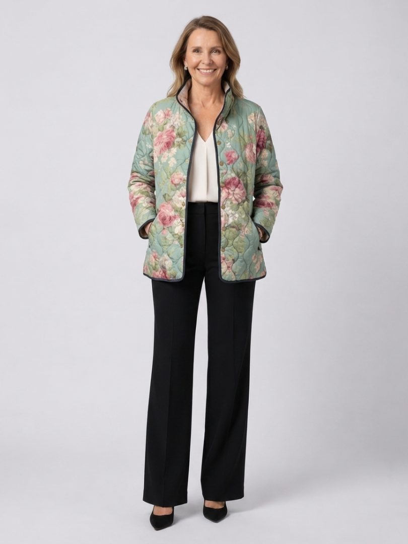 Clara | Gesteppte Jacke mit Vintage-Rosen – Salbeigrün mit Blumen