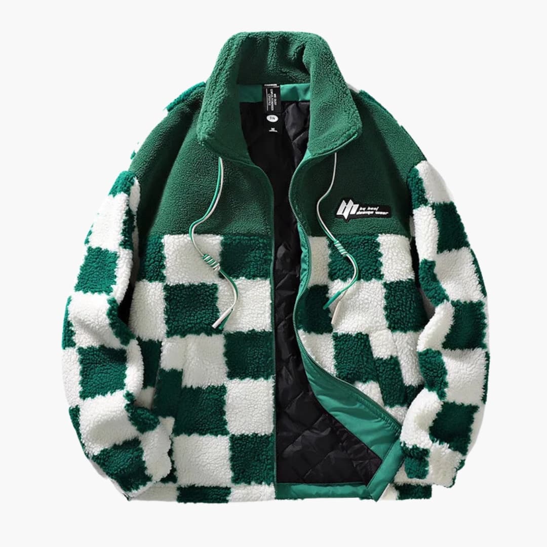 Men's Jacke with Checkerboard Pattern and Front Zipper Closure