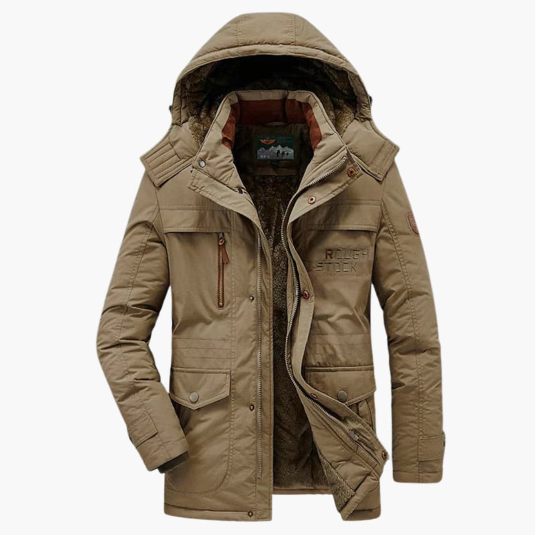 Men's hooded Jacke with zip closure and multiple pockets
