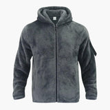 Men's fleece Jacke with hood, zip closure, and long sleeves