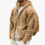 Men's fleece Jacke with hood, zip closure, and long sleeves