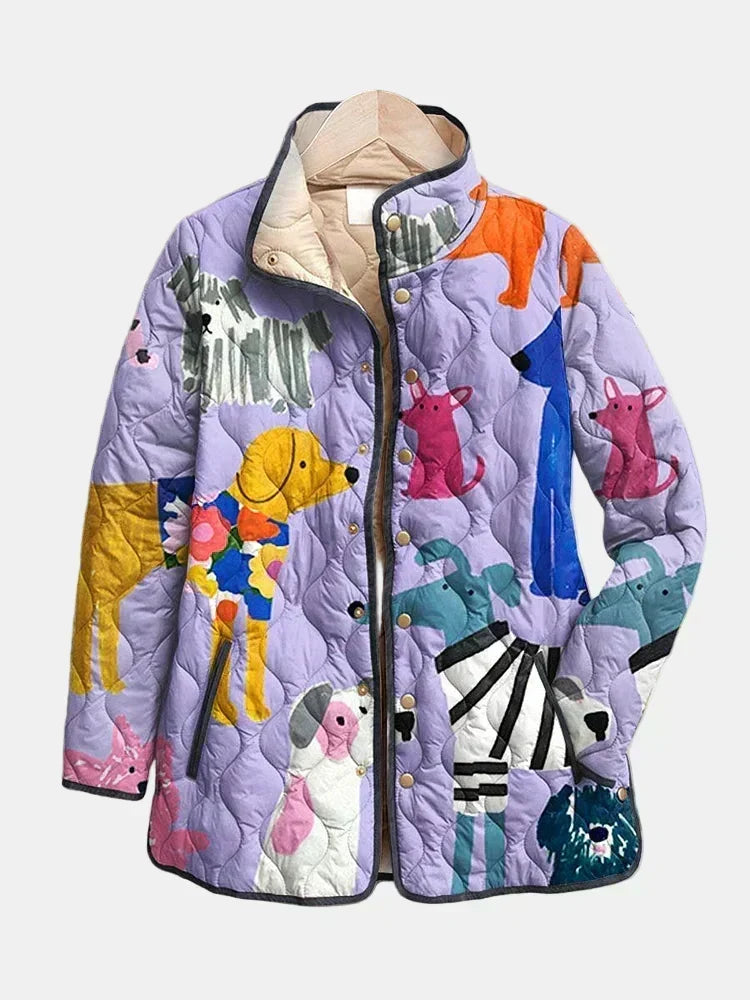 Michèle | Gesteppte Jacke mit kleinen Hunden – Flieder mit Print