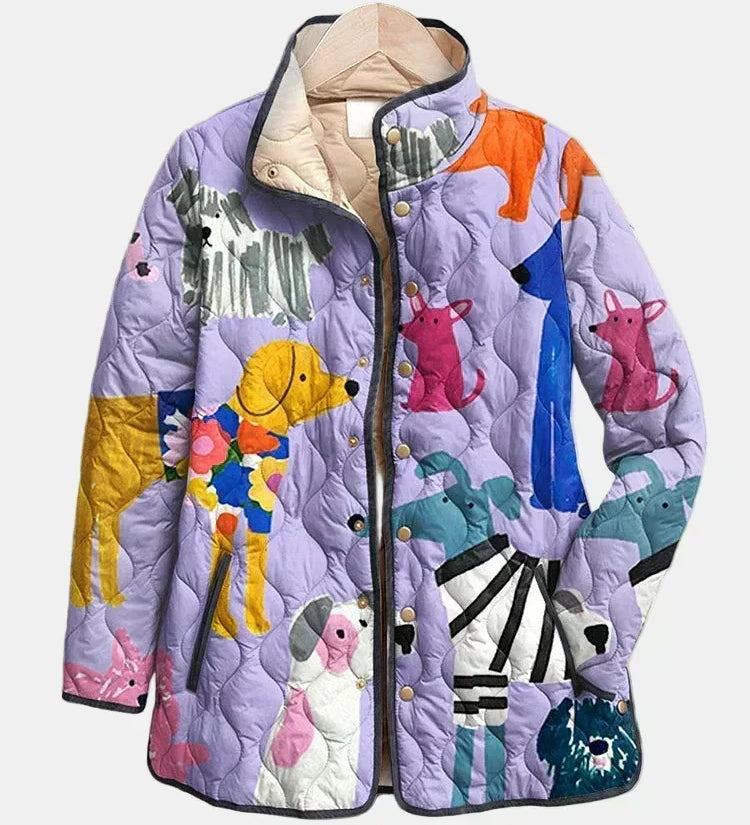 Michèle | Gesteppte Jacke mit kleinen Hunden – Flieder mit Print